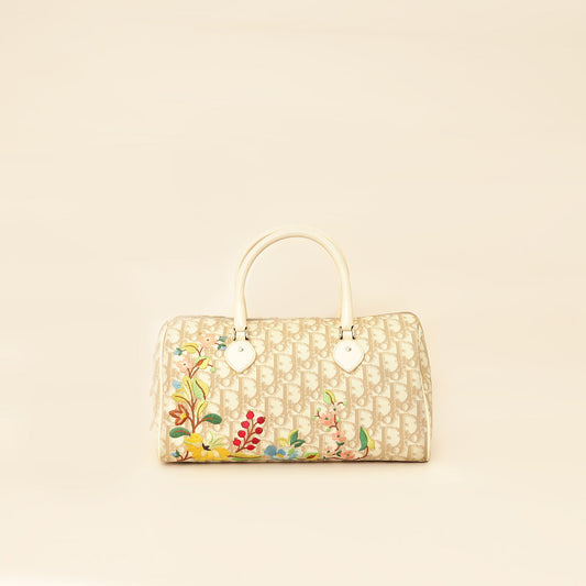 Dior Handbag Christian Oblique Floral Boston Bag Beige