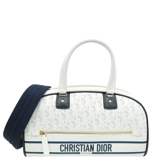 Dior Handbag Christian Bicolor Perforated Vibe Classic Bowling Bag Medium Shoulder Bag