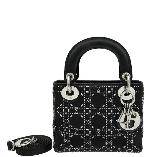 Dior Handbag Christian Lady Cannage Strass Bag Satin Black Mini Shoulder Bag
