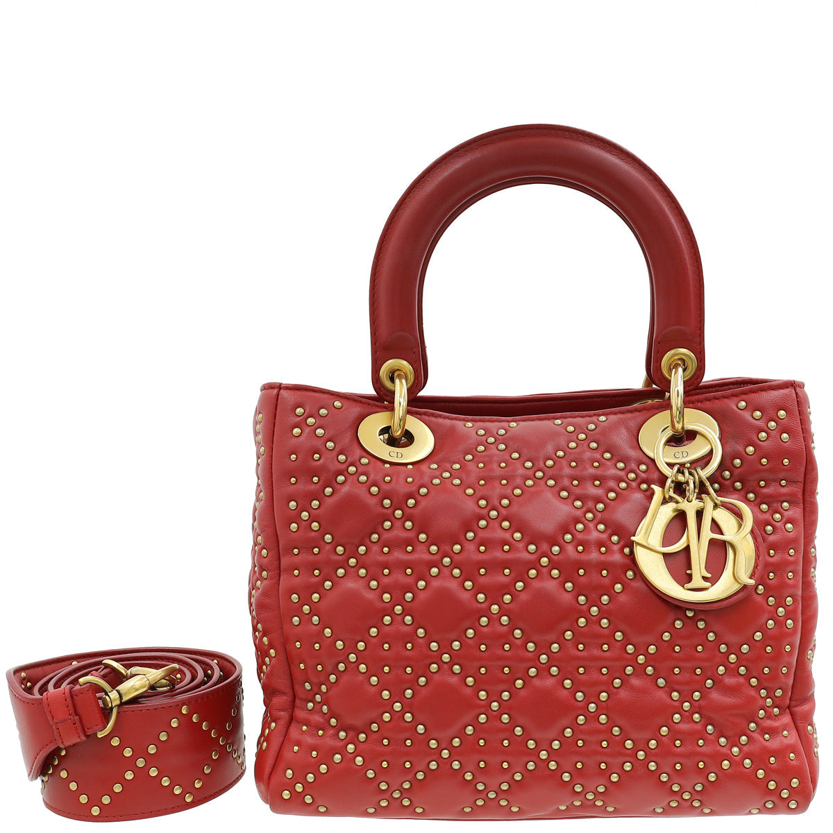 Dior Handbag Christian Lady Studded Supple Bag Red Medium Shoulder Bag
