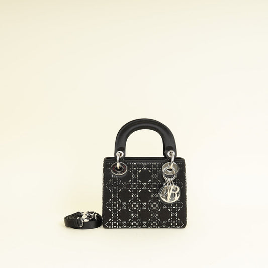 Dior Handbag Christian Strass Cannage Lady Bag Satin Black Mini Shoulder Bag