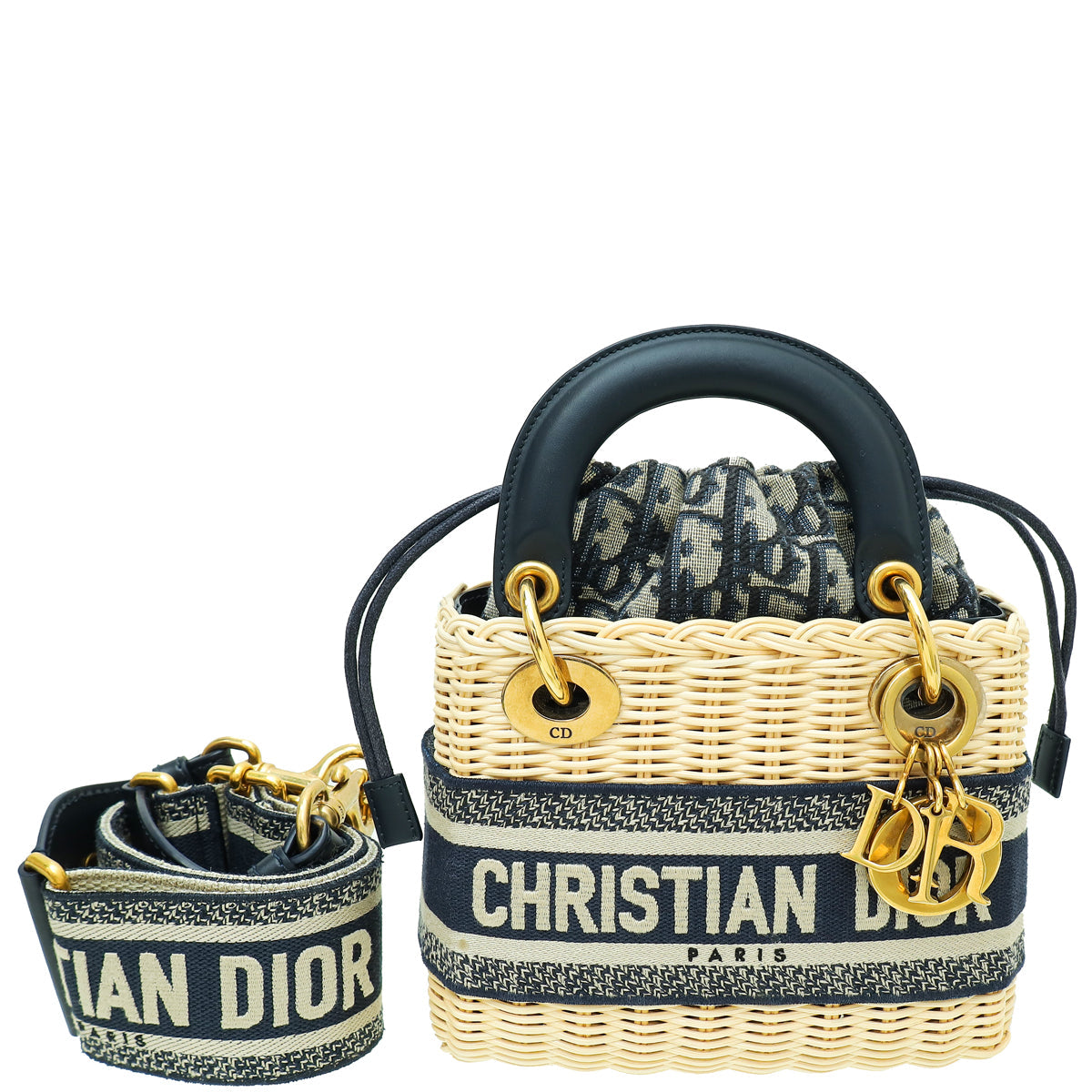 Dior Handbag Christian Bicolor Jacquard Lady Bag Wicker Mini Shoulder Bag