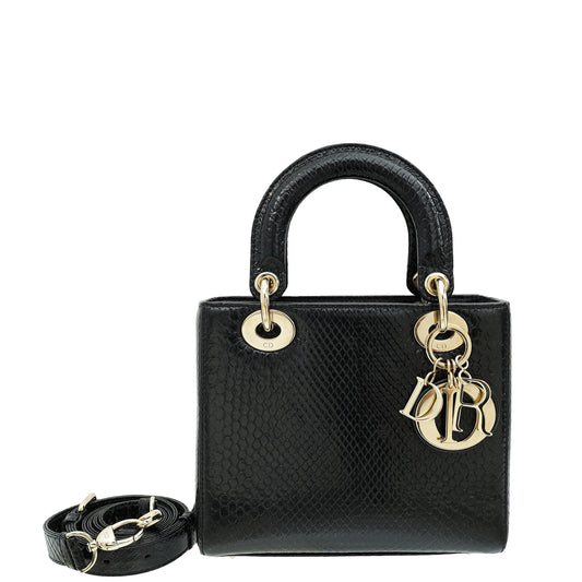 Dior Handbag Christian Shiny Snakeskin Lady Bag Black Small Shoulder Bag