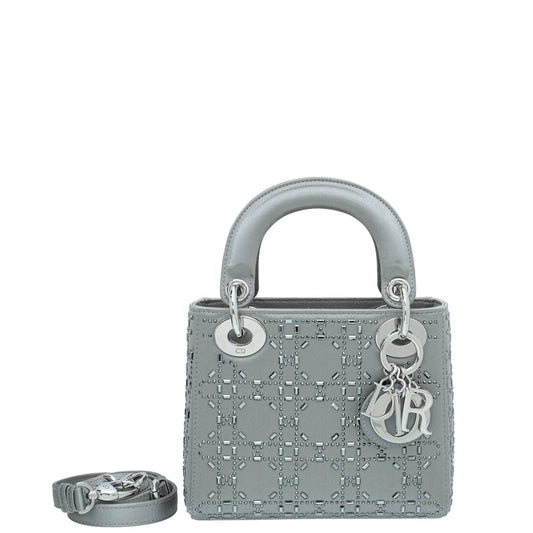 Dior Handbag Christian Grey Strass Cannage Lady Bag Satin Gray Mini Shoulder Bag