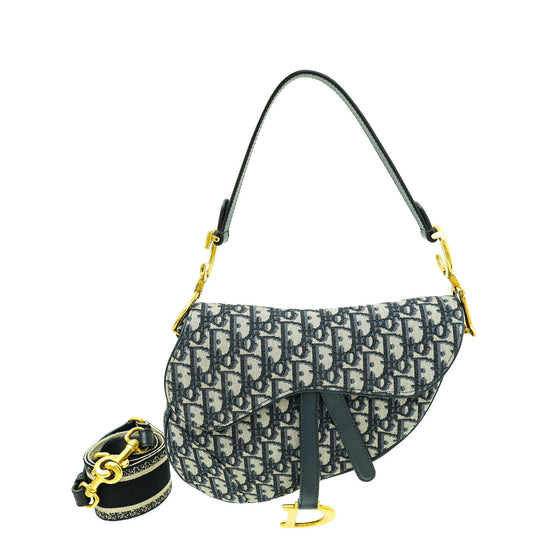 Dior Handbag Christian Oblique Saddle Bag W Strap Blue Navy Medium Shoulder Bag