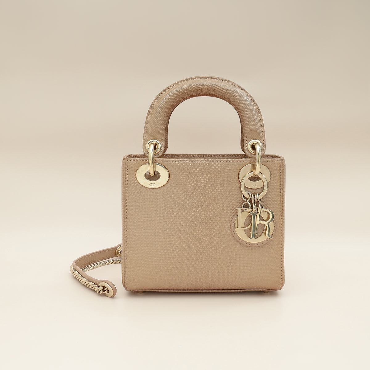 Dior Handbag Christian Metallic Lizard Lady Bag Beige Mini Embossed Shoulder Bag