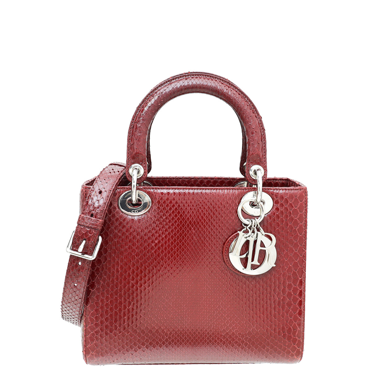 Dior Handbag Christian Shiny Burgundy Lady Bag Python Medium Shoulder Bag