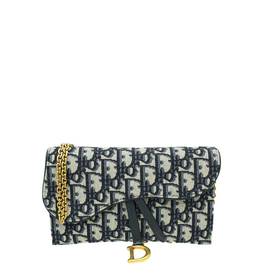 Dior Shoulder Bag Christian Saddle Oblique Wallet Blue Navy Chain