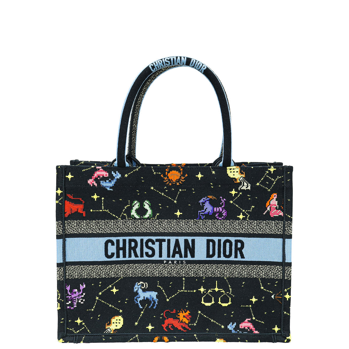 Dior Handbag Christian Pixel Zodiac Embroidery Book Tote Bag Black Multicolor Medium