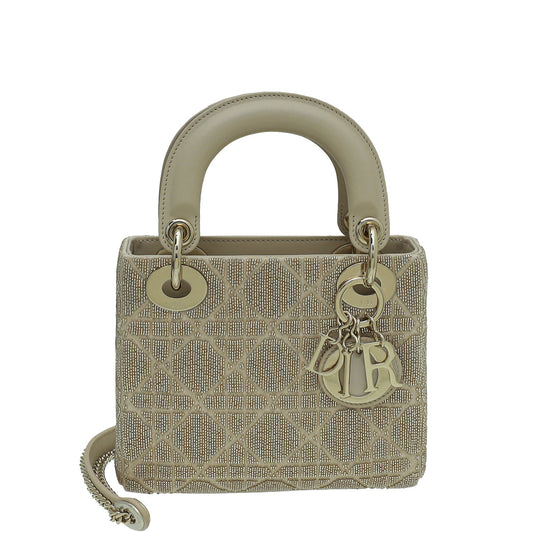 Dior Handbag Christian Cannage Beaded Lady Bag Beige Mini Chain Shoulder Bag
