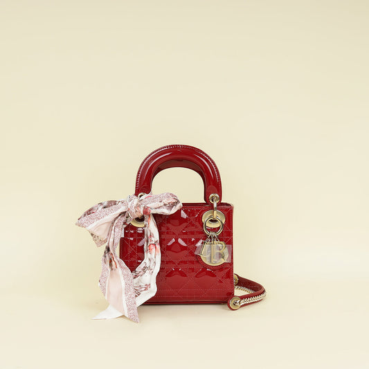 Dior Handbag Christian Cherry Lady Bag W Twilly Red Mini Chain Scarf