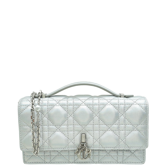 Dior Handbag Christian Iridescent Metallic My Cannage Bag Silver Mini Shoulder Bag