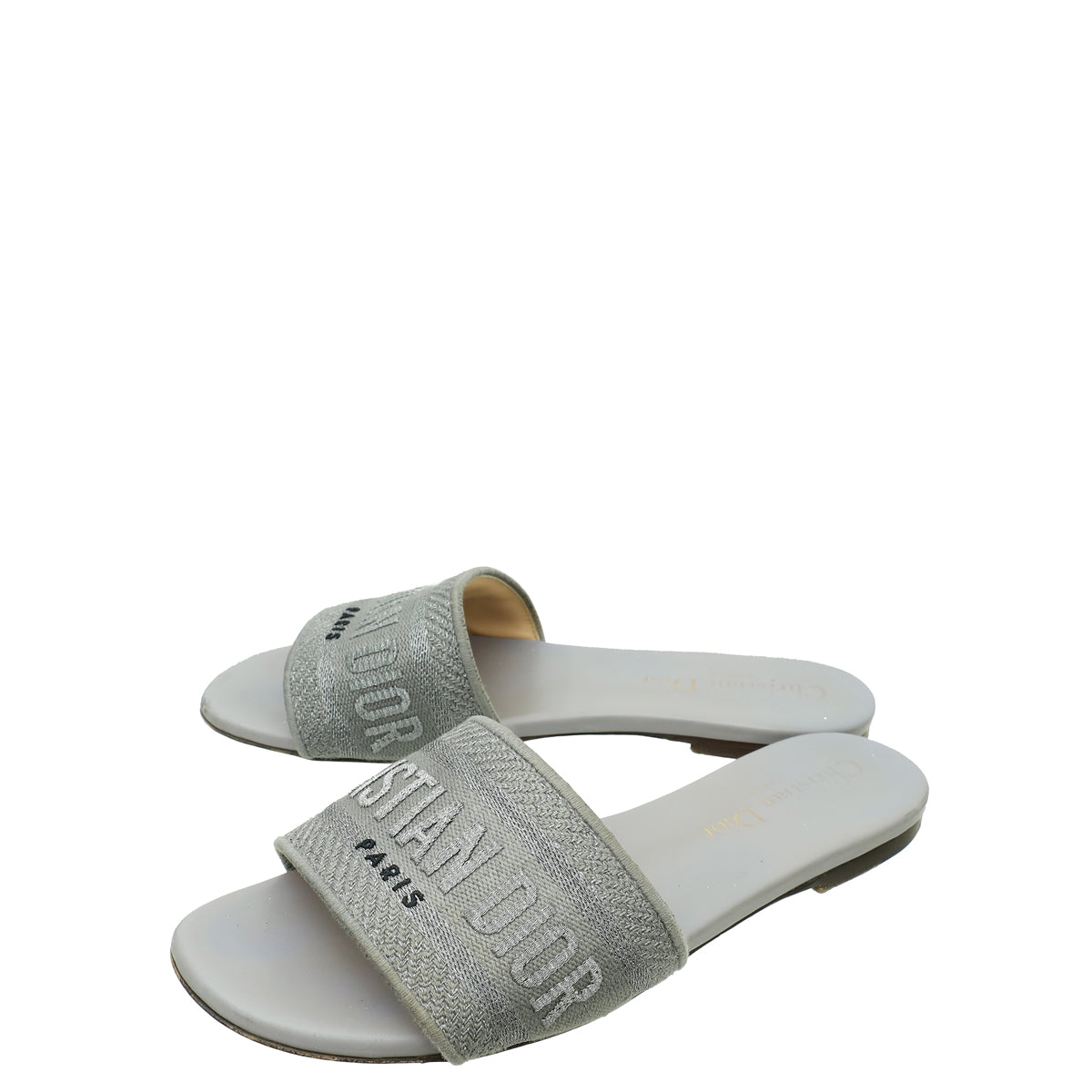 Dior Shoe Christian Metallic Grey Dway Flat Mules 35 Gray Embroidered Shoes