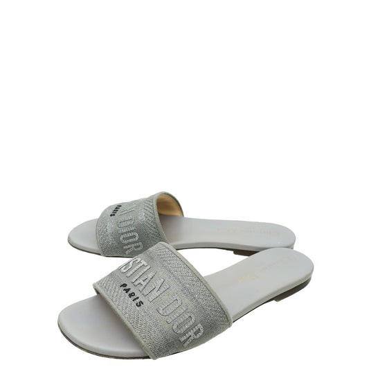 Dior Shoe Christian Metallic Grey Dway Flat Mules 35 Gray Embroidered Shoes