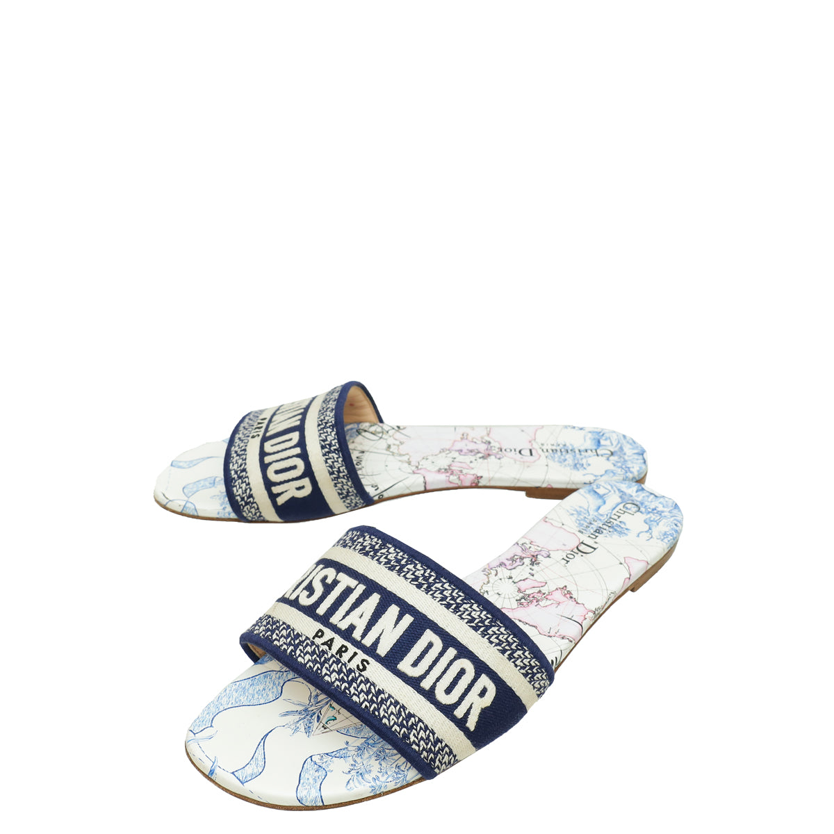 Dior Shoe Christian Around The World Dway Slides 41 Blue Navy Embroidered Shoes