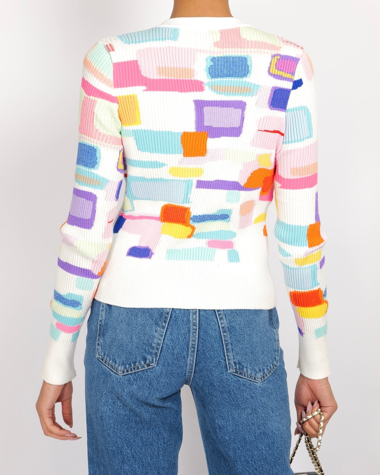 Chanel Spring 2019 White and Multi-Colour Ribbed Cardigan with Silver and White CC Logo Buttons Size FR 38 (UK 10) Apparel
