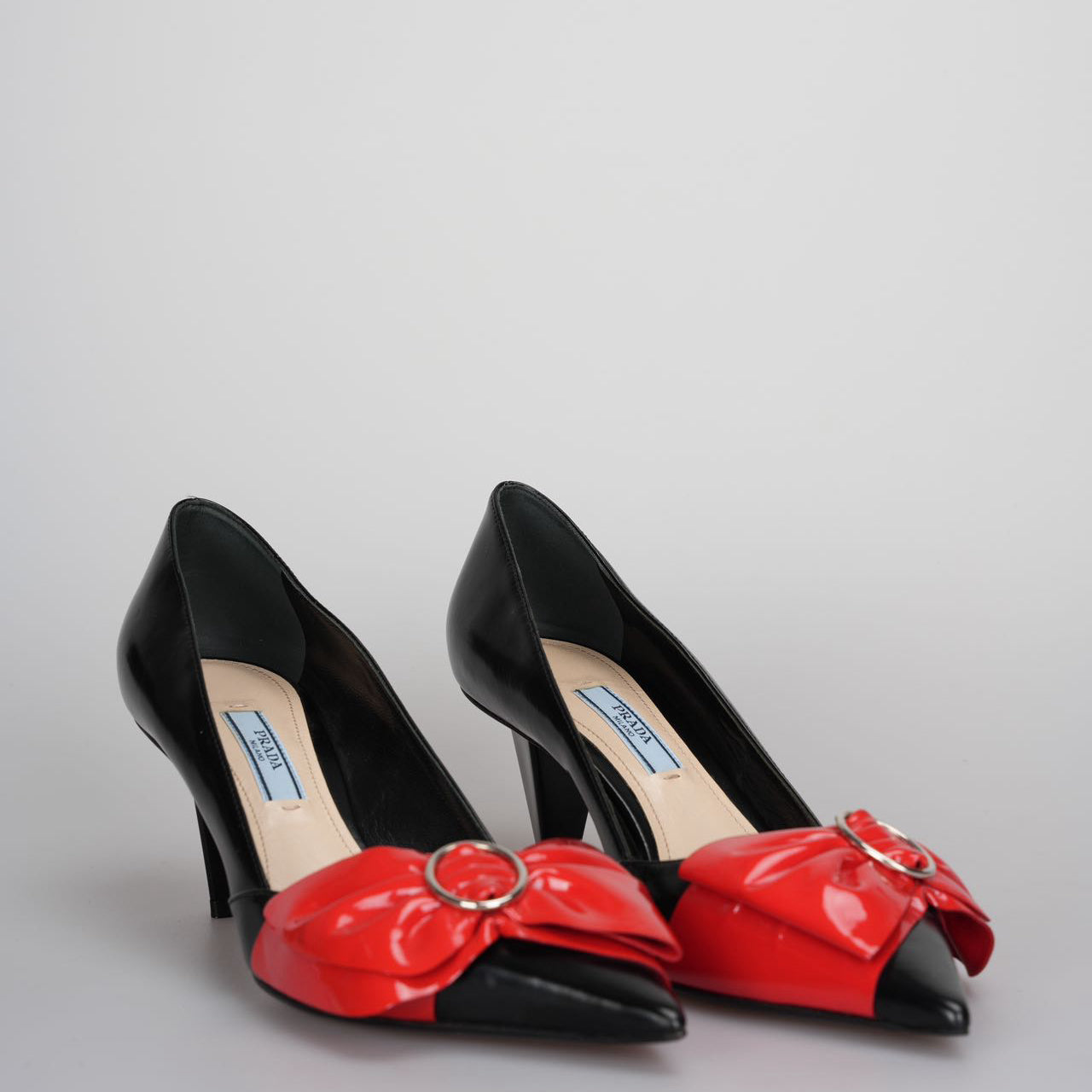 Prada Shoe Bow Pointed Toe Pumps Leather Black Red Shoes
