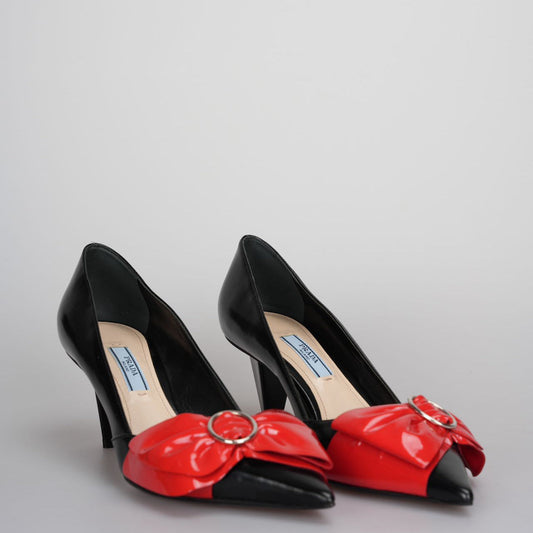 Prada Shoe Bow Pointed Toe Pumps Leather Black Red Shoes