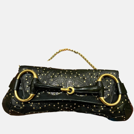 Gucci Horsebit Chain Embossed Studs Leather Black Gold Large Shoulder Bag