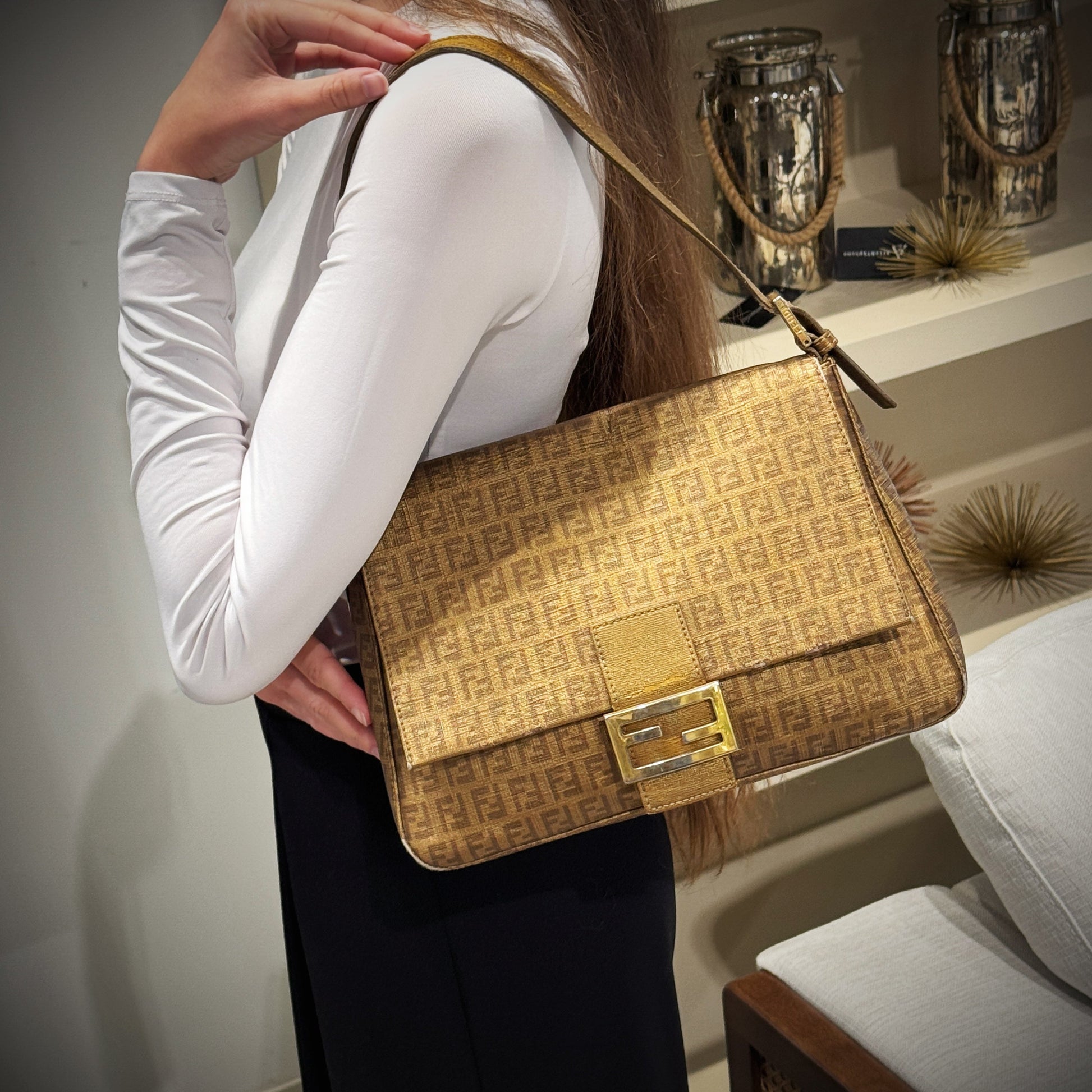 Fendi Shoulder Bag Zucchino Mamma Forever TWS Canvas Gold
