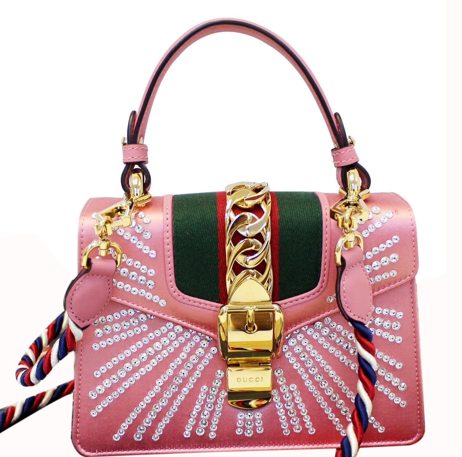 Gucci Sylvie Crystal Shoulder Bag Peony Satin Mini