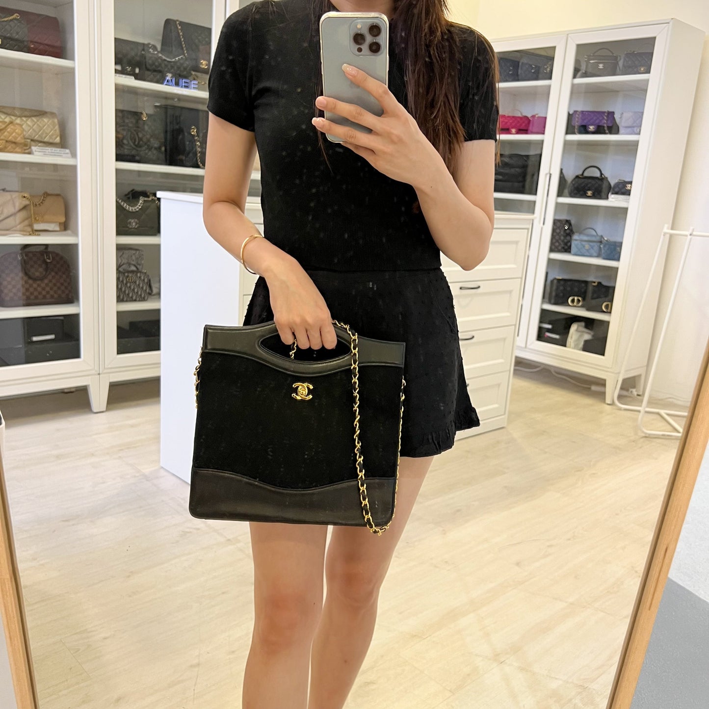 Chanel Large 31 in Black Fabric and Lambskin and GHW Accessory