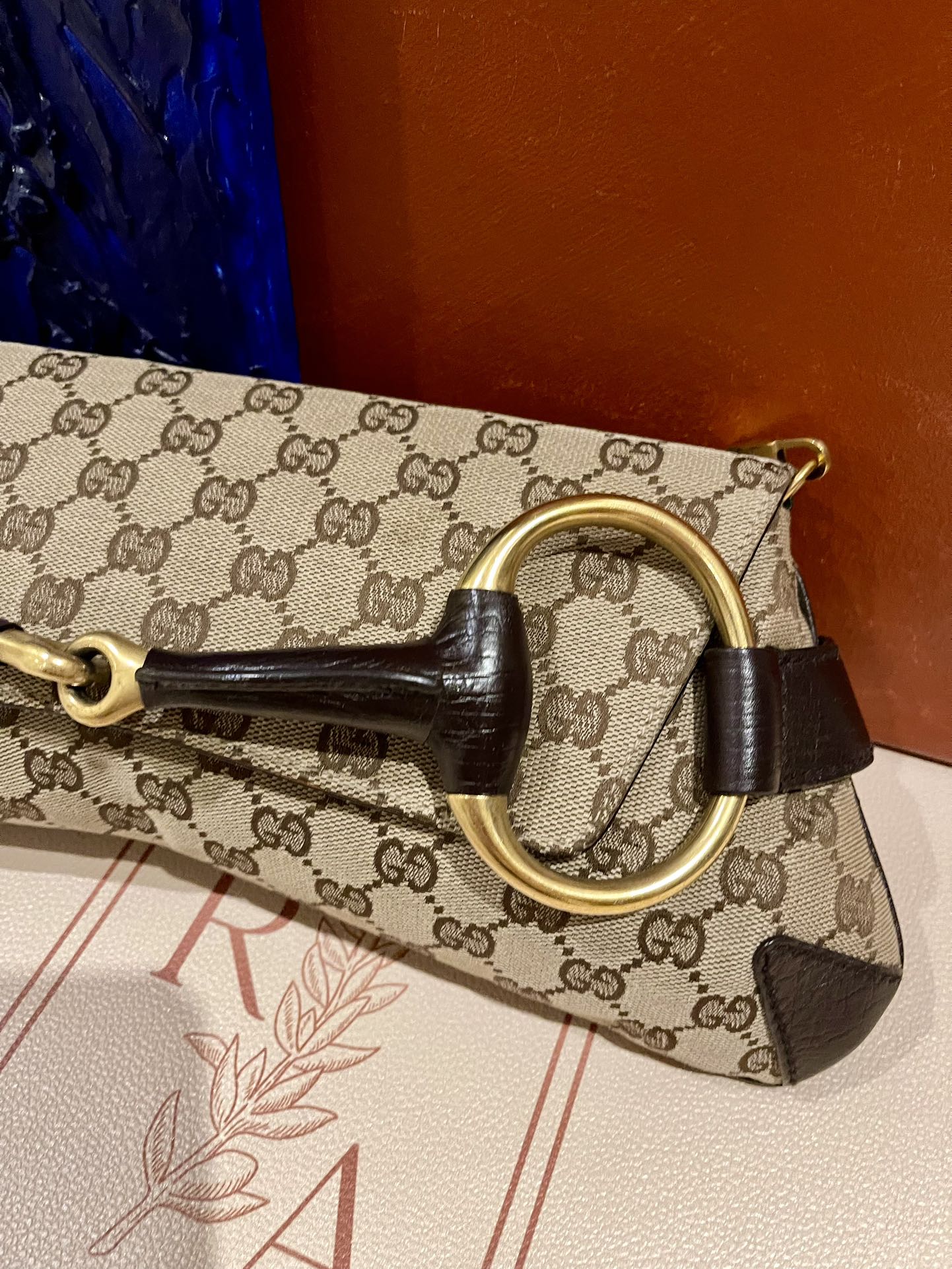 Gucci Horsebit Cloth Monogram Leather Brown Beige Shoulder Bag