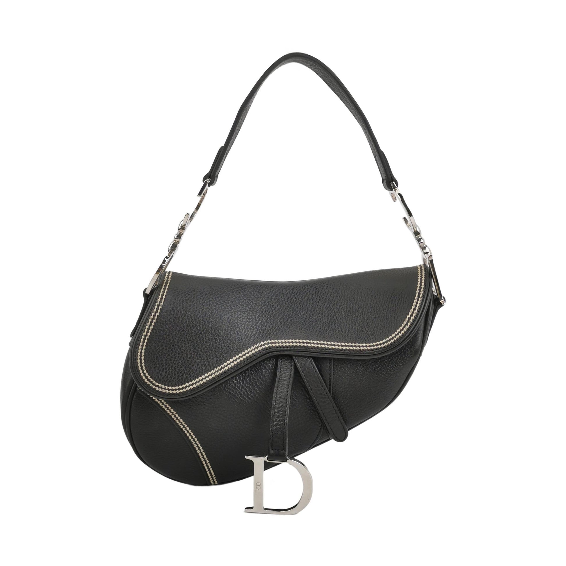 Dior Saddle Calfskin With Stitching Silver Hardware Handbag Leather Black Travel Bag