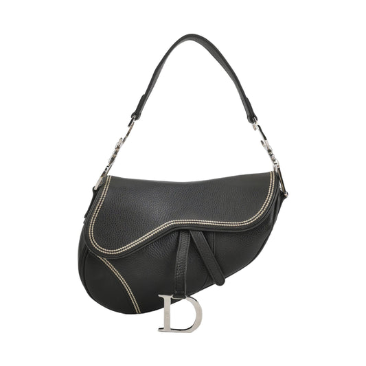 Dior Saddle Calfskin With Stitching Silver Hardware Handbag Leather Black Travel Bag