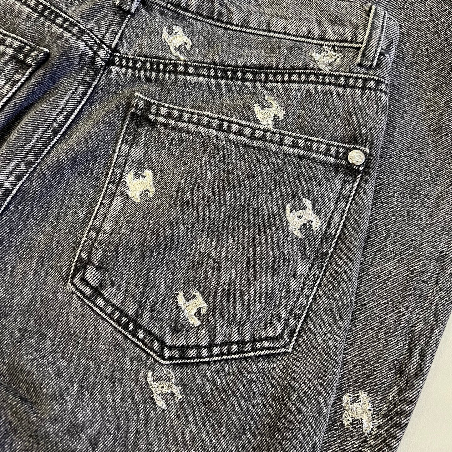 Chanel Black Denim Jeans with Silver Embroidered CC Logo Size 38 Apparel