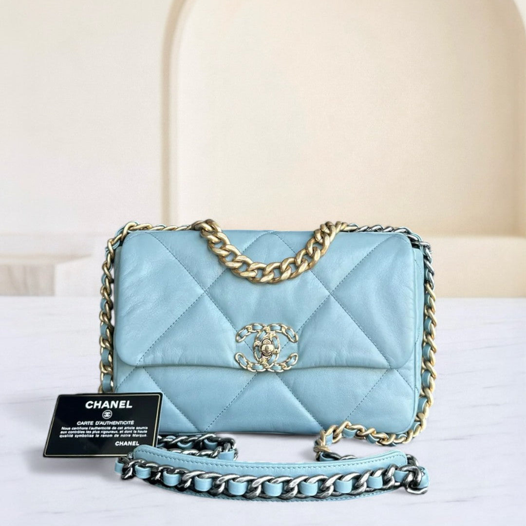 Chanel 19 Bag Goatskin Light Two-Tone Hardware Series Quilted Blue Handbag