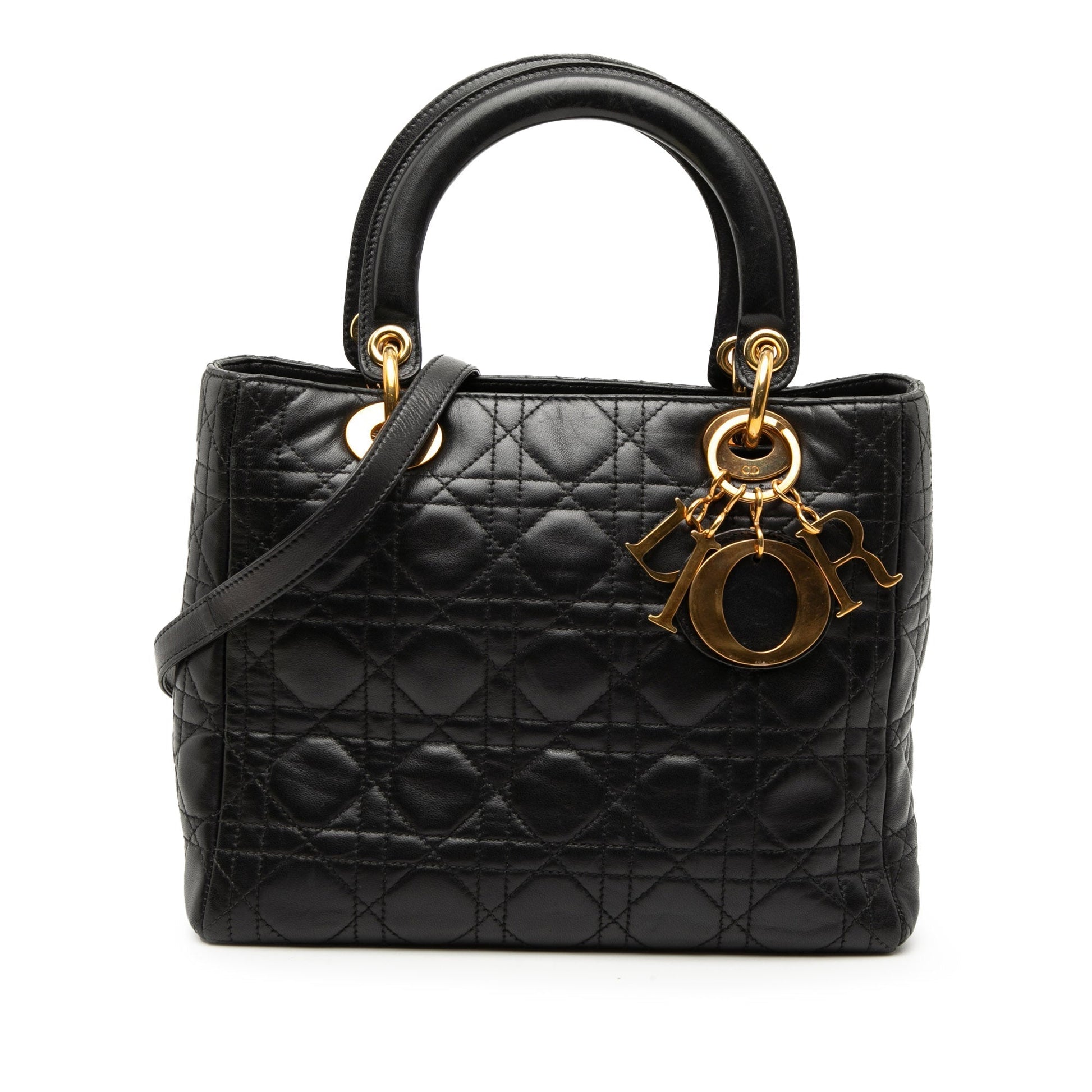 Dior Handbag Cannage Lady Satchel Lambskin Black Medium Satchel Bag