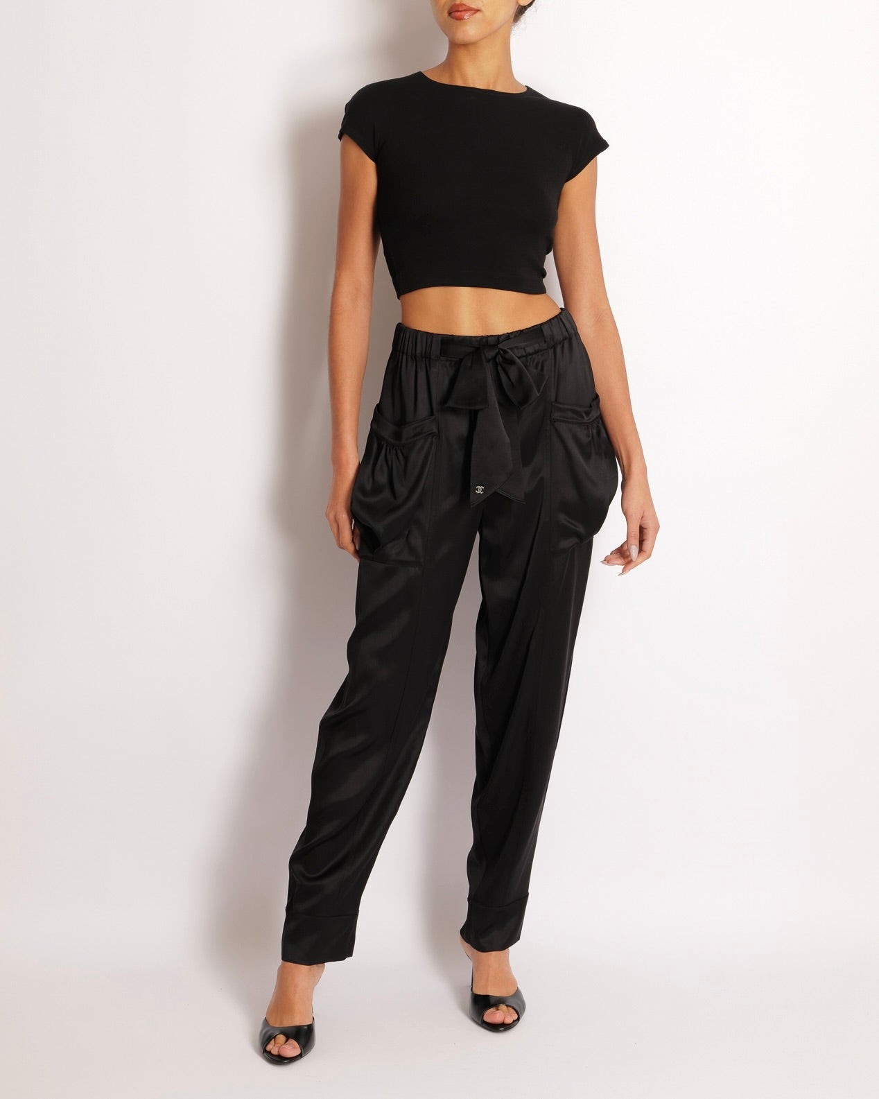 Chanel Black Silk Tro rs with Bow and Crystal CC Logo Detail Size FR 36 (UK 8)
