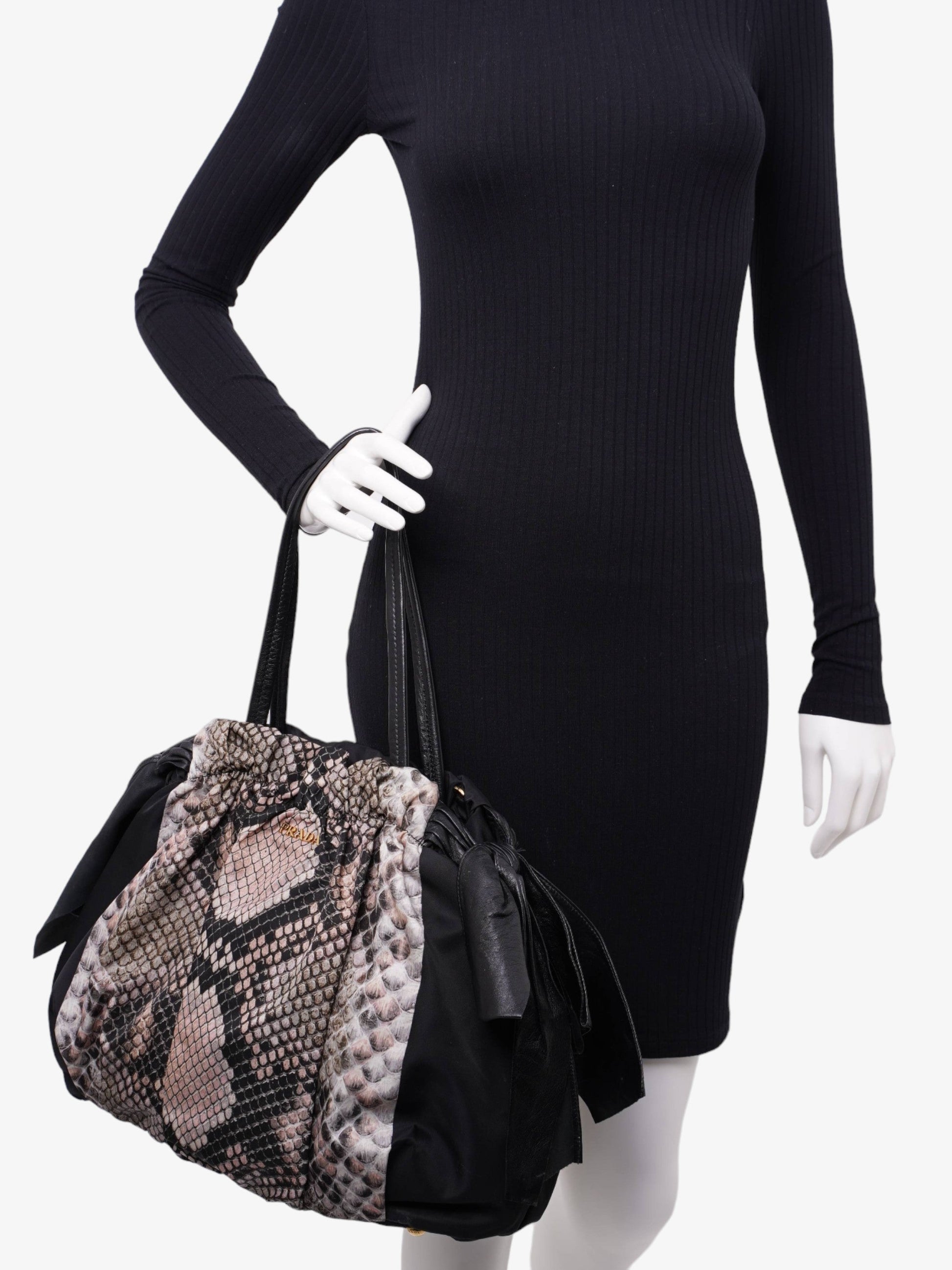 Prada Print Bow Detail Shoulder Bag Nylon Python Black