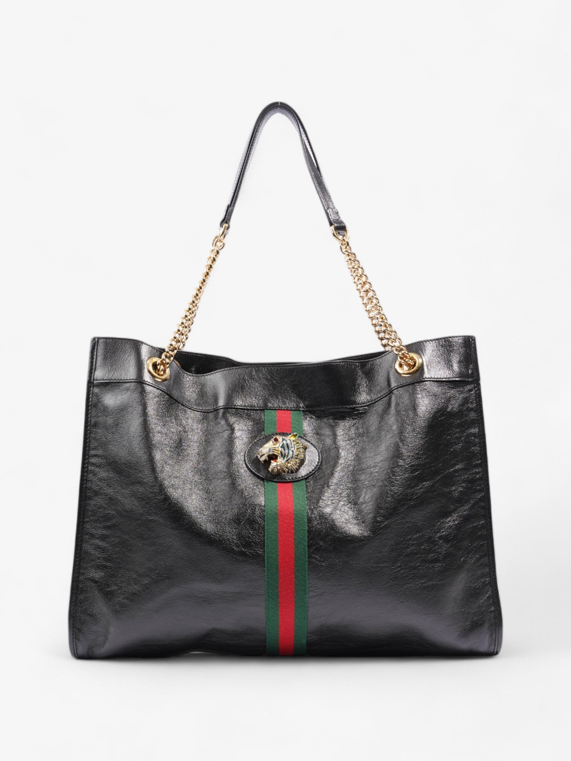 Gucci Rajah Chain Tote Green Large Leather Black Shoulder Bag