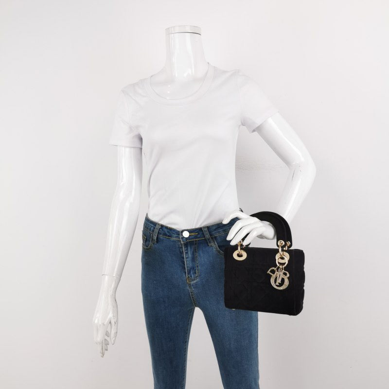 Dior Lady Mini With Light Tone Hardware And Suede Black Travel Bag