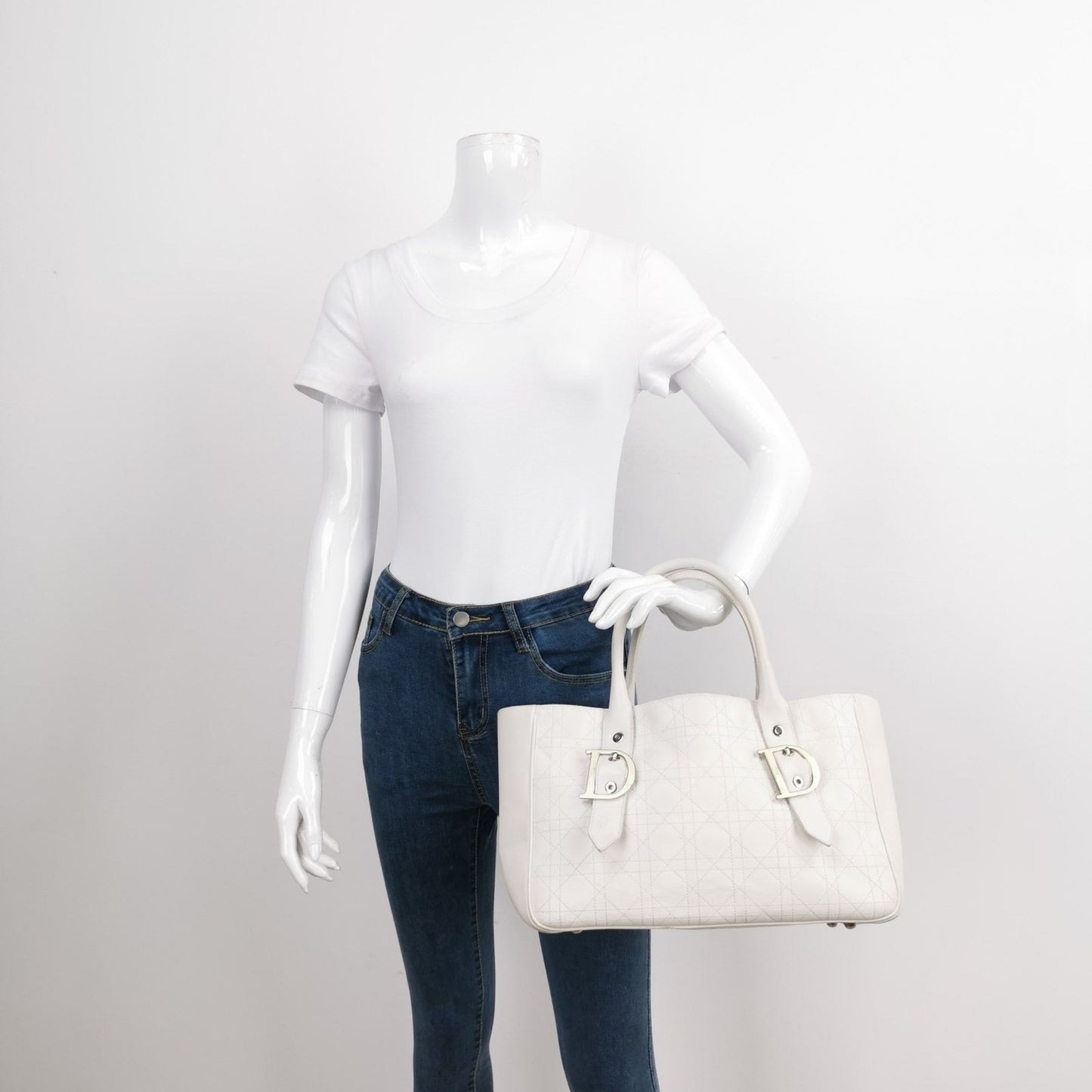Dior Cannage Tote Bag With Hardware Leather White