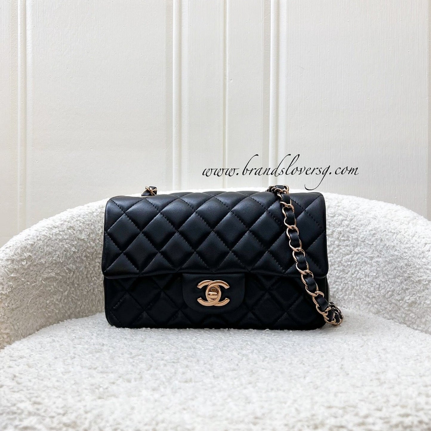 Chanel Mini Rectangle Classic Flap in Black Lambskin and Rose Gold HW Accessory