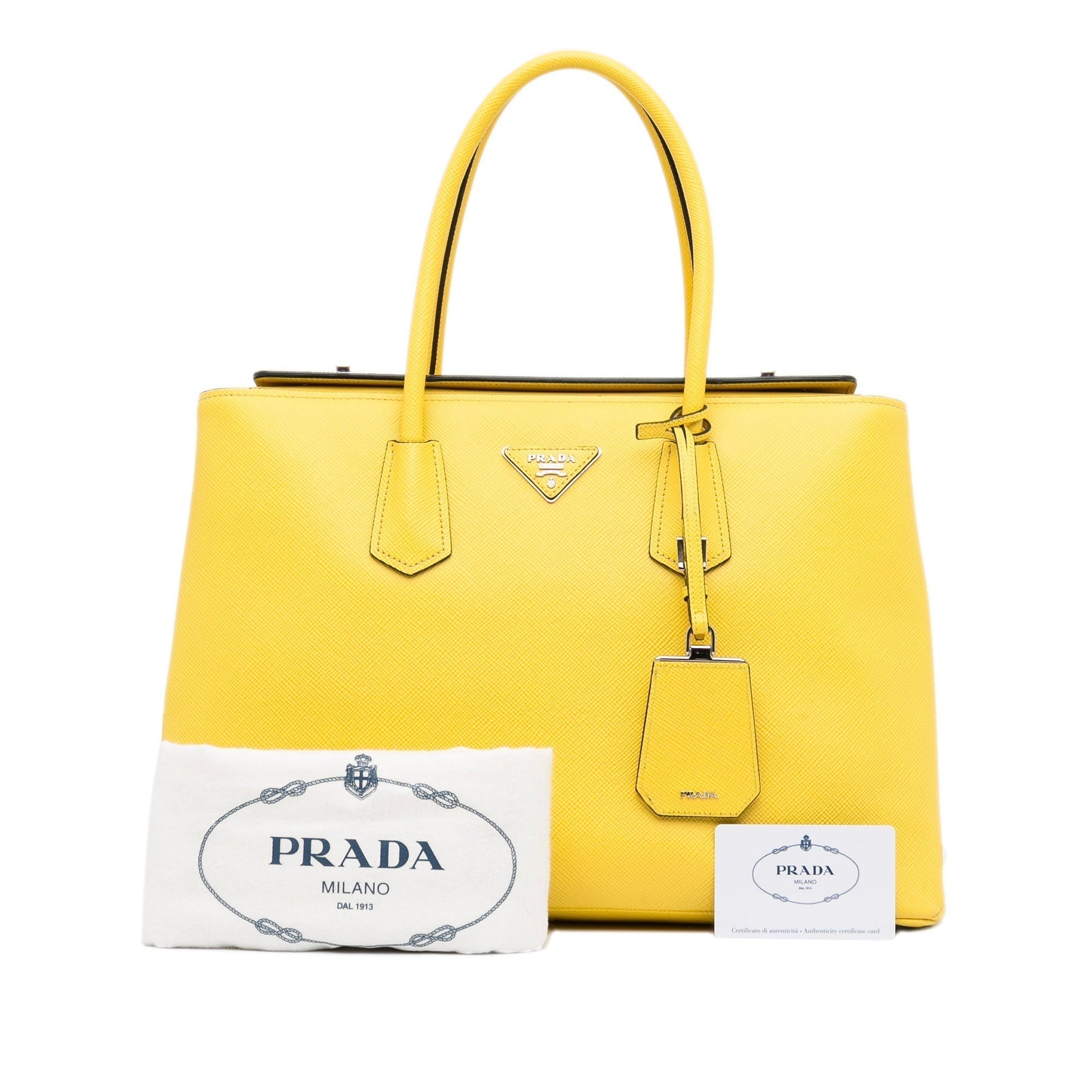 Prada Double Cuir Luxury Handbag Saffiano Yellow Travel Bag