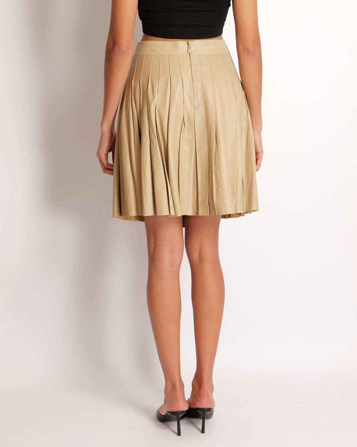 Chanel Beige Leather Pleated Mini Skirt with Gold CC Logo Detail Size FR 42 (UK 14)