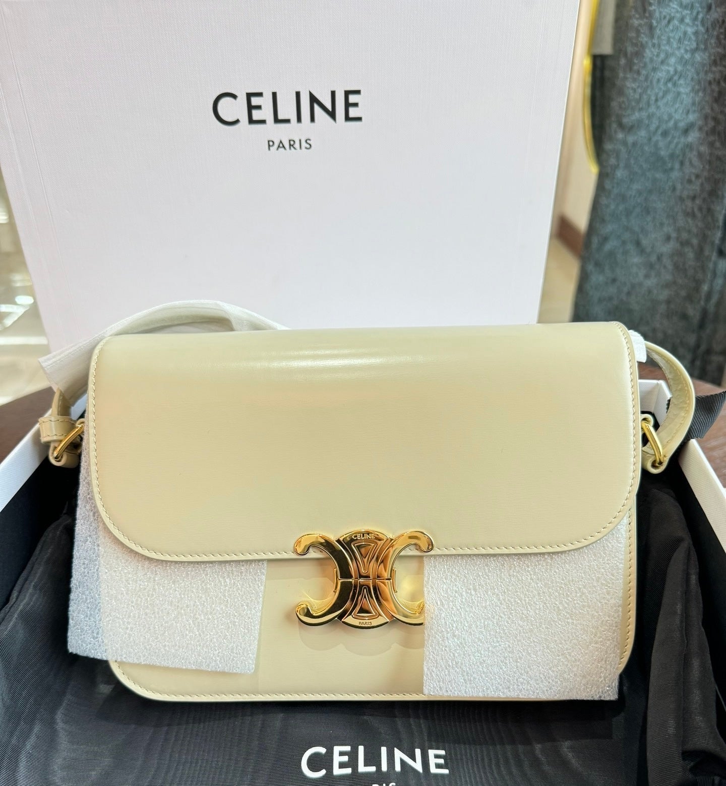 Celine Triomphe Classic Ivory Handbag White Medium Travel Bag