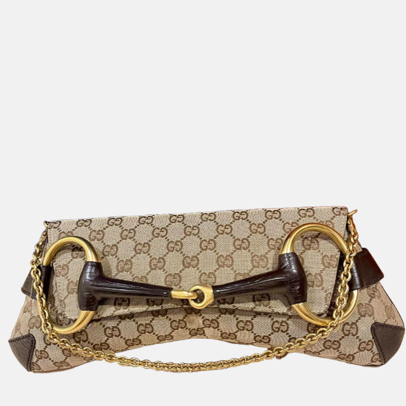 Gucci Horsebit Cloth Monogram Leather Brown Beige Shoulder Bag