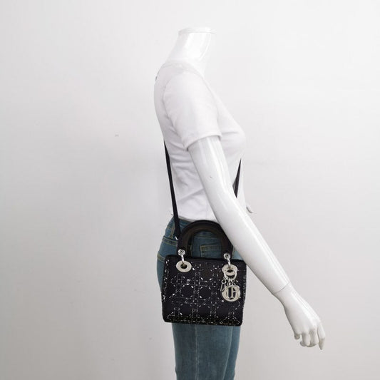 Dior Lady Silk With Crystals Hardware Handbag Black Silver Travel Bag
