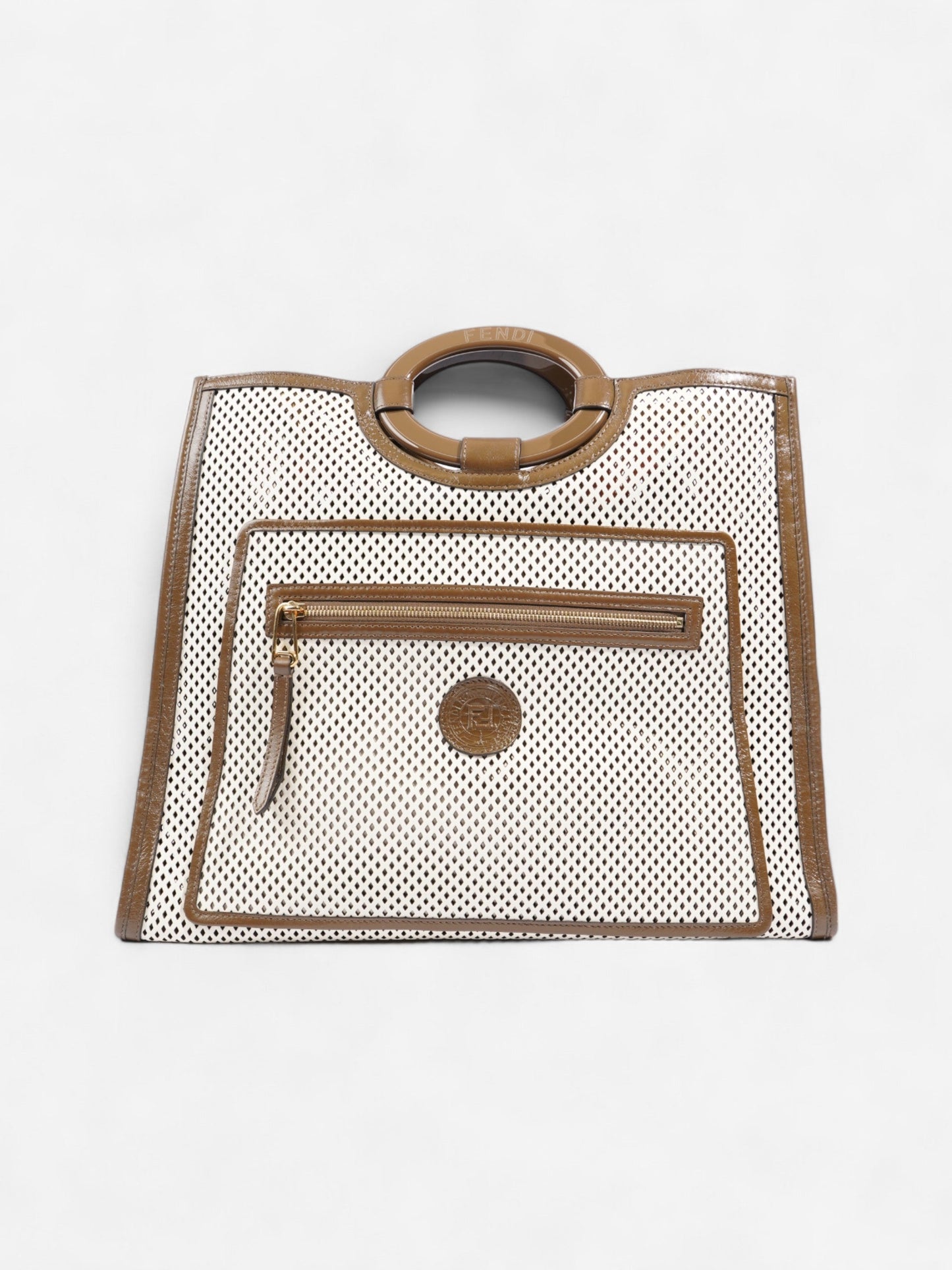 Fendi Perforated Runaway Shopper Tote Leather White Brown Shoulder Bag