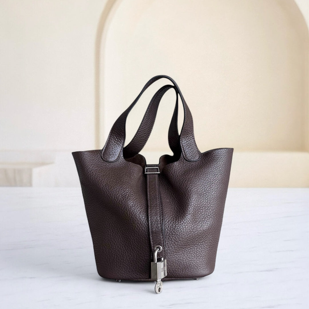 Hermes Picotin Tc Clemence Palladium Hardware Stamp Square Handbag Leather Silver Travel Bag