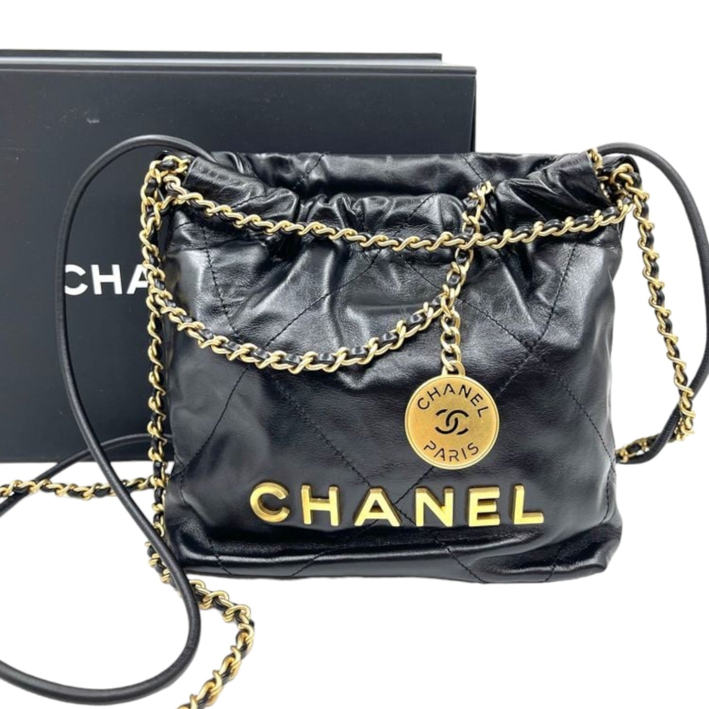 Chanel Mini 22 Shiny Calfskin GHW Handbag Leather Quilted Shoulder Bag