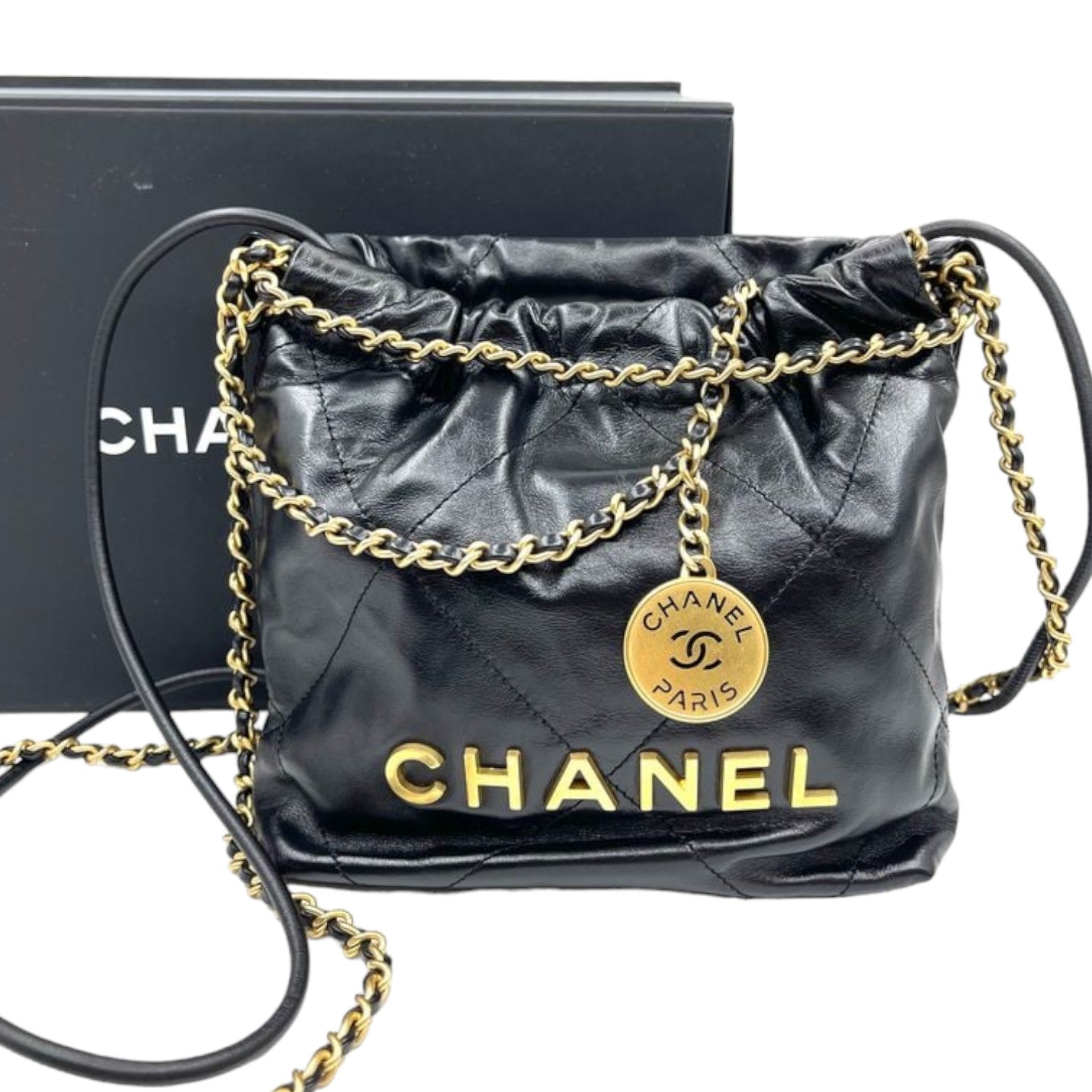 Chanel Mini 22 Shiny Calfskin GHW Handbag Leather Quilted Shoulder Bag