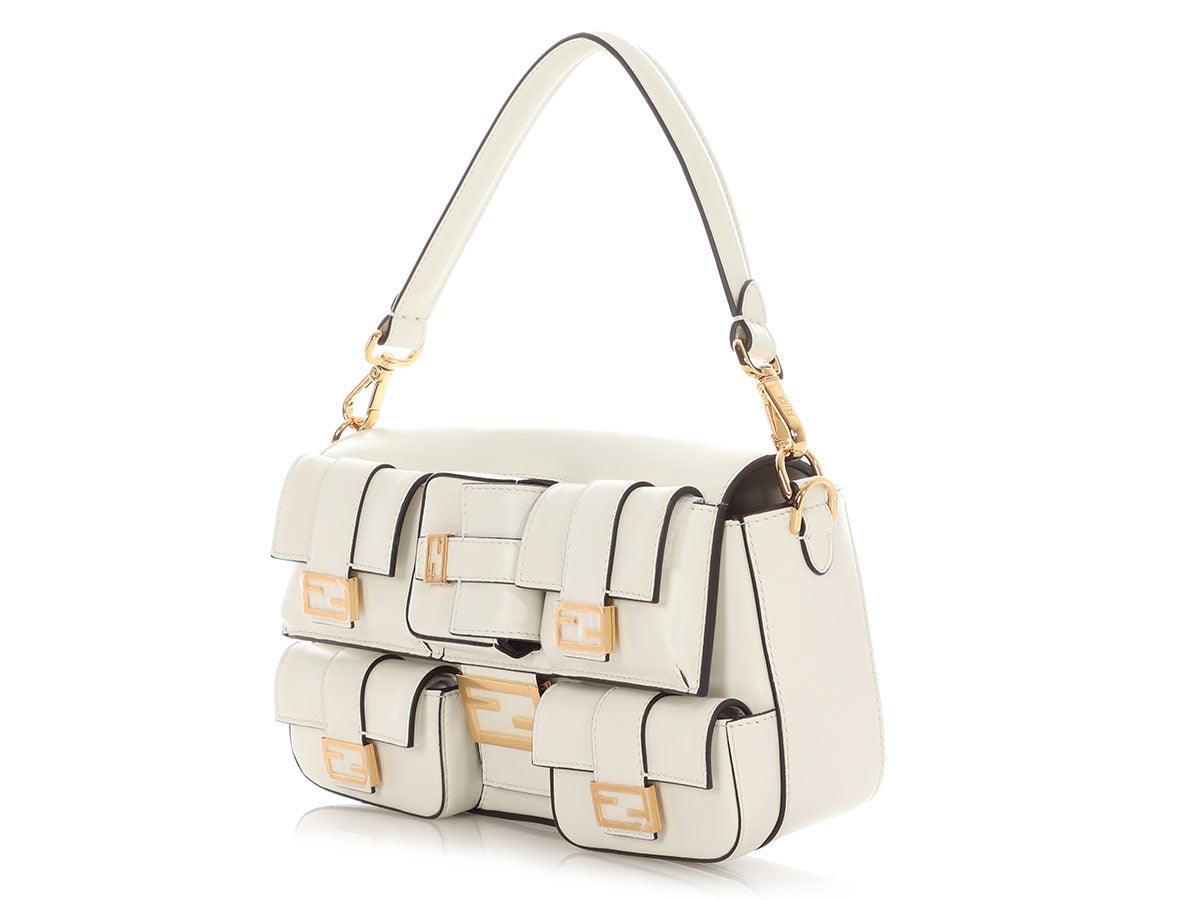 Fendi Calfskin Multipocket Baguette Shoulder Bag White