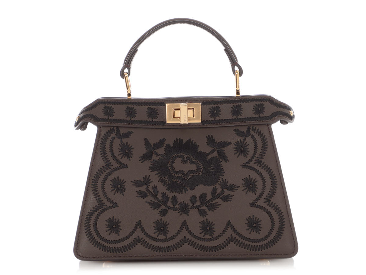 Fendi Floral Petite Peekaboo Iseeu Crossbody Bag Gray Embroidered
