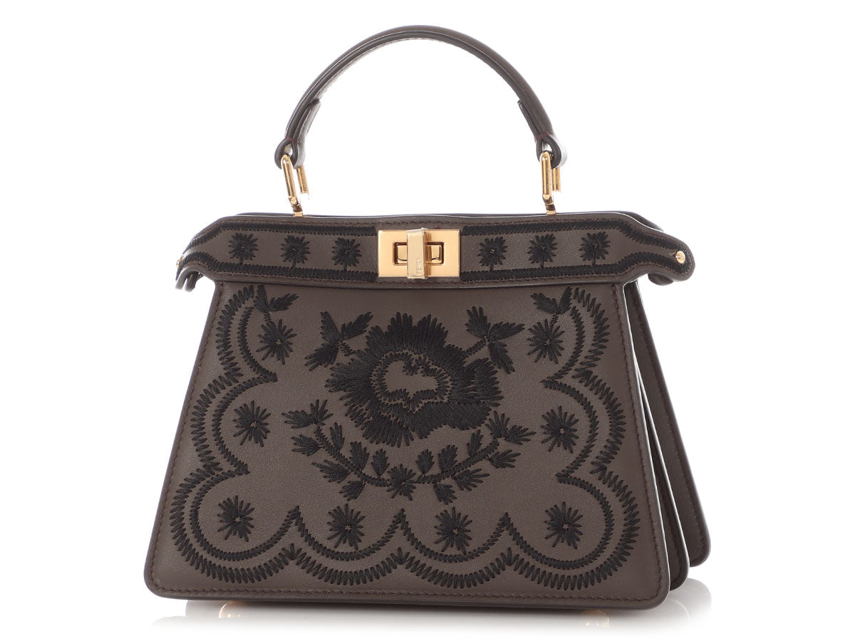 Fendi Floral Petite Peekaboo Iseeu Crossbody Bag Gray Embroidered